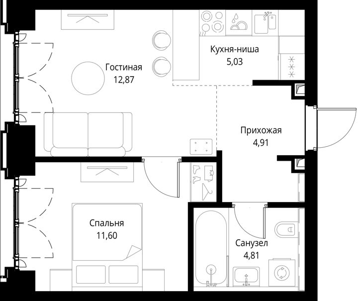 1-комнатная квартира, 39,2 м² — фото 1