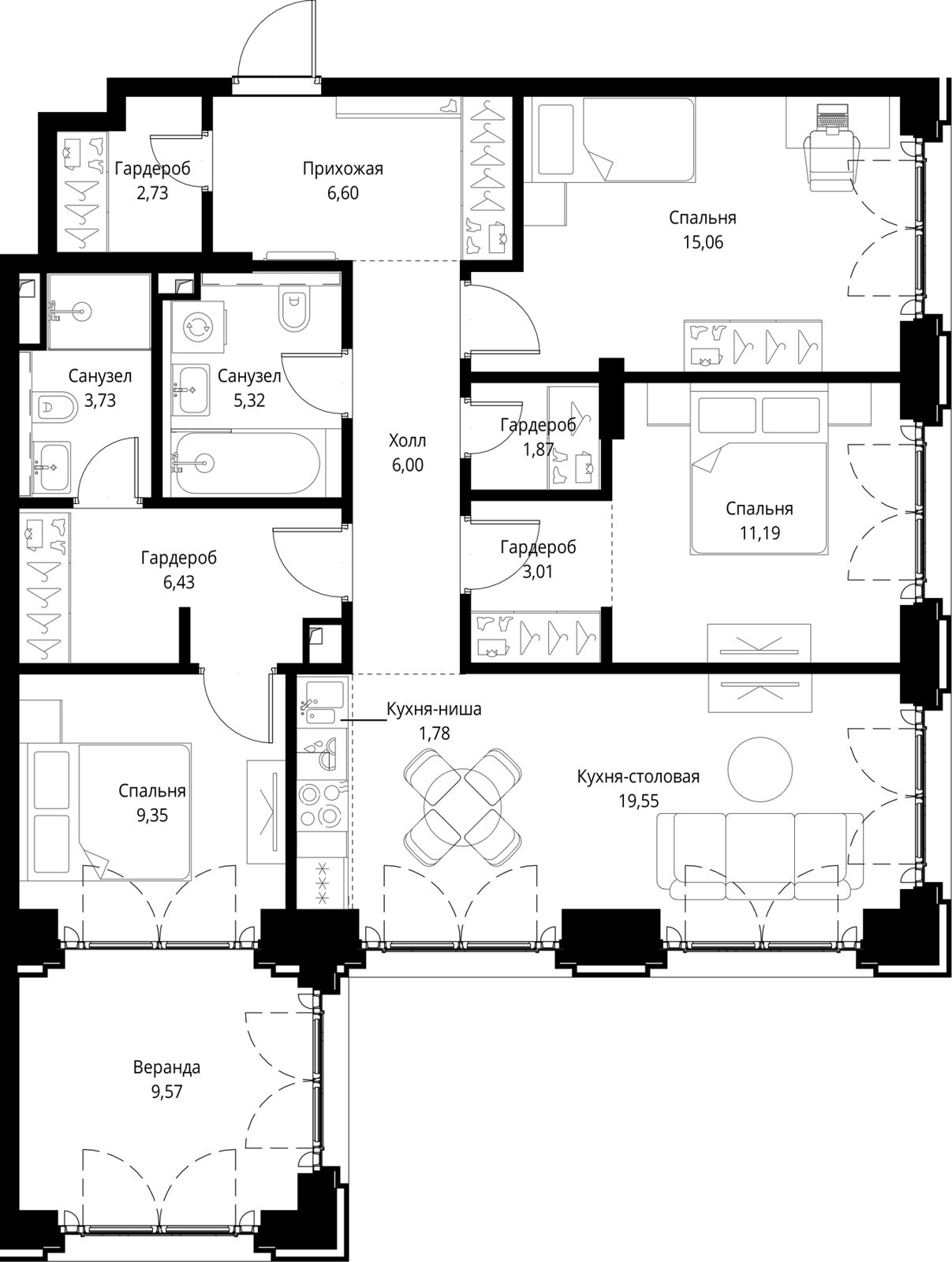 3-комнатная квартира, 102,2 м²