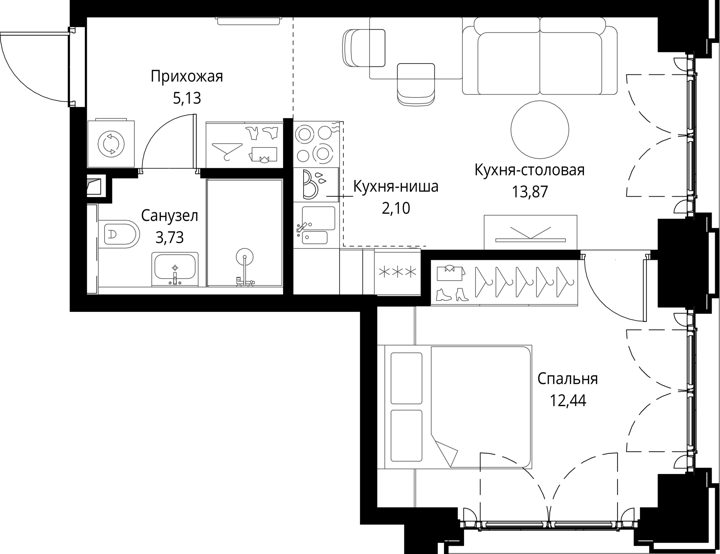 1-комнатная квартира, 37,3 м² — фото 1