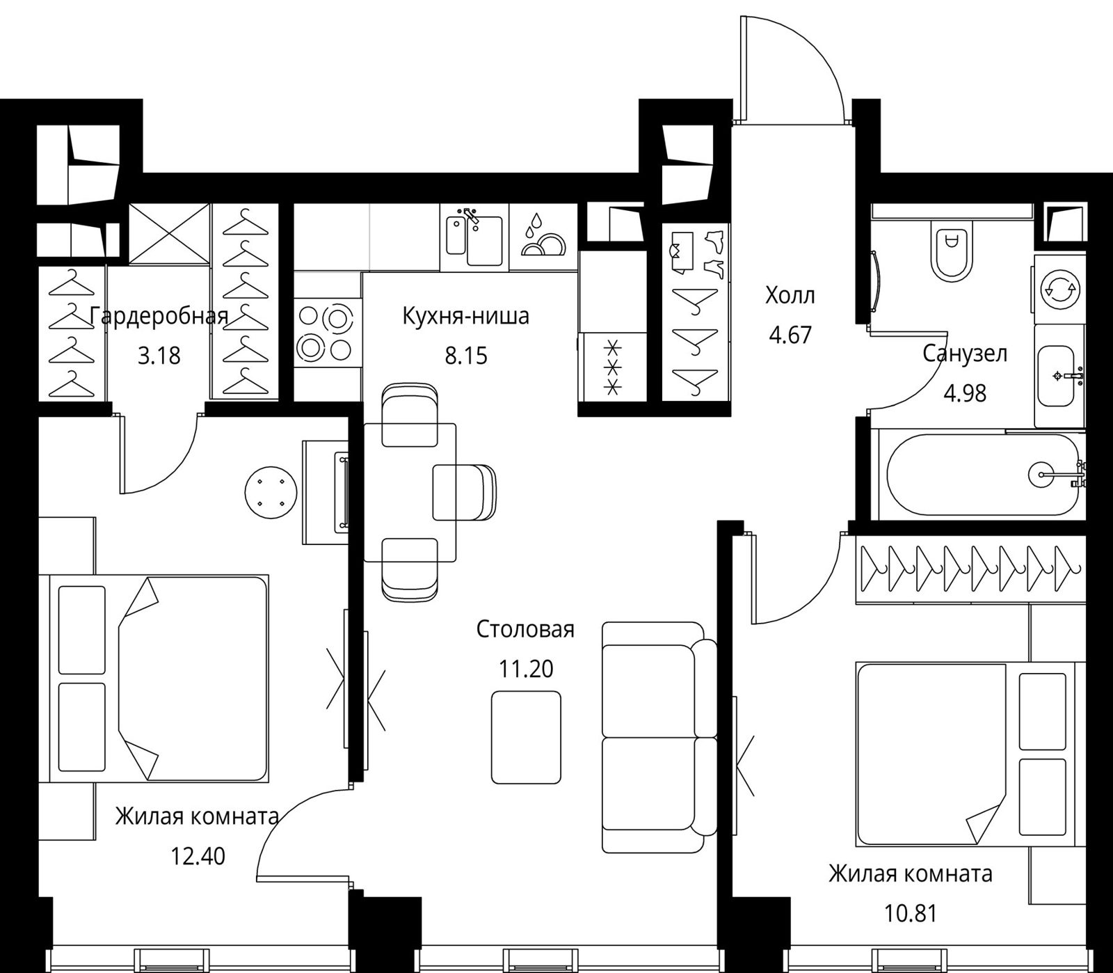 2-комнатная квартира, 55,4 м²