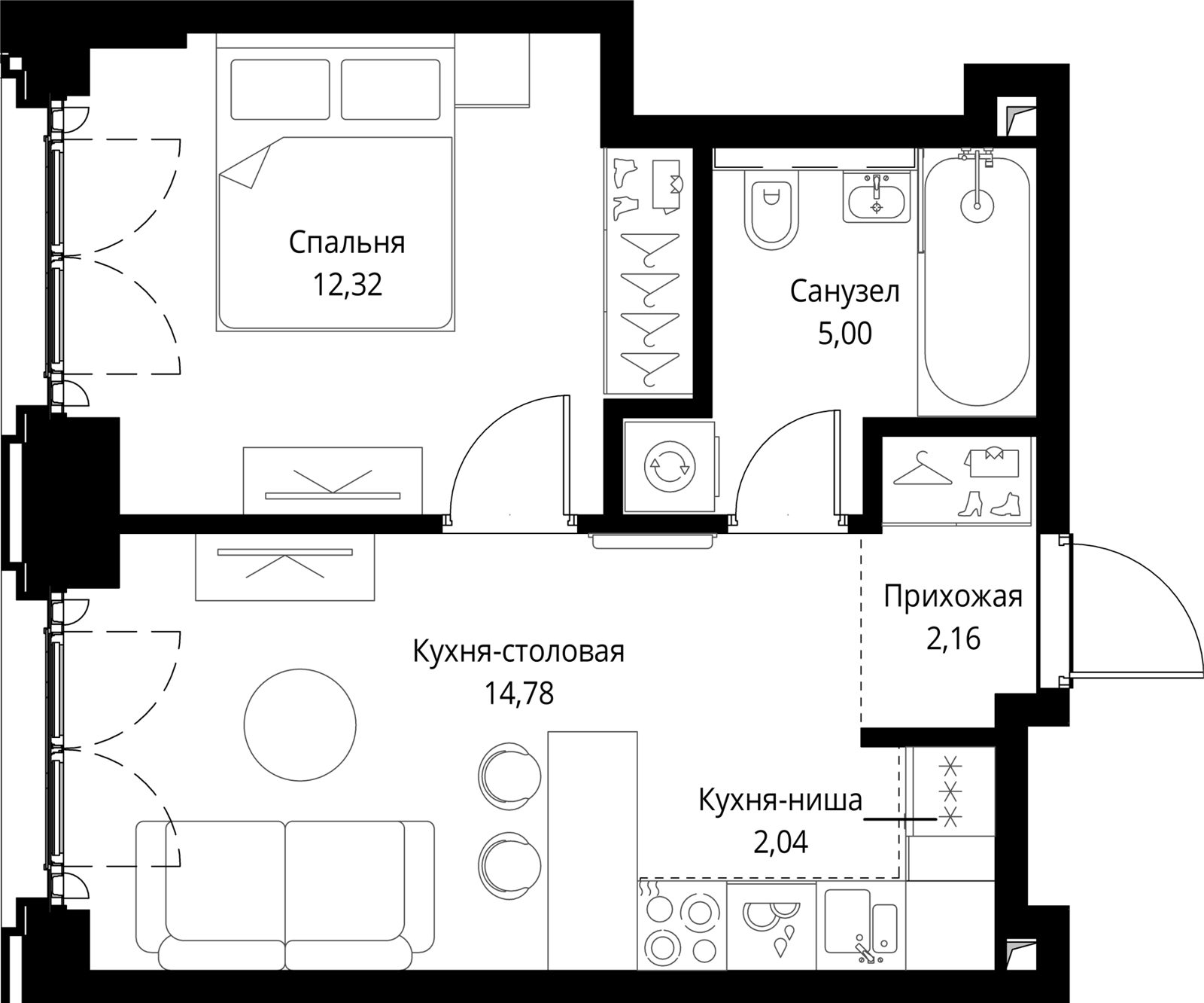 1-комнатная квартира, 36,3 м²