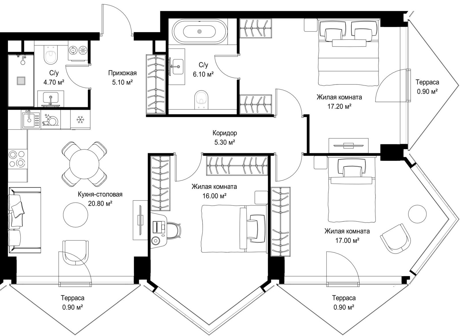3-комнатная квартира, 94,9 м²