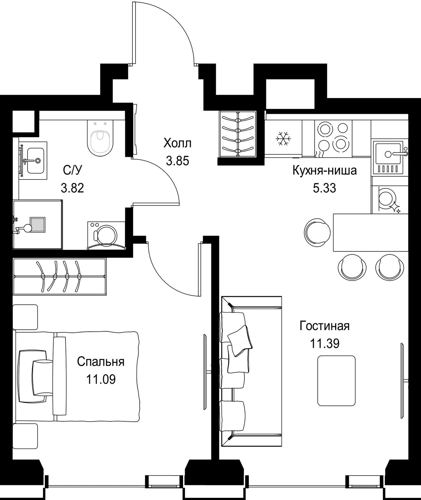 1-комнатная квартира, 35,5 м²