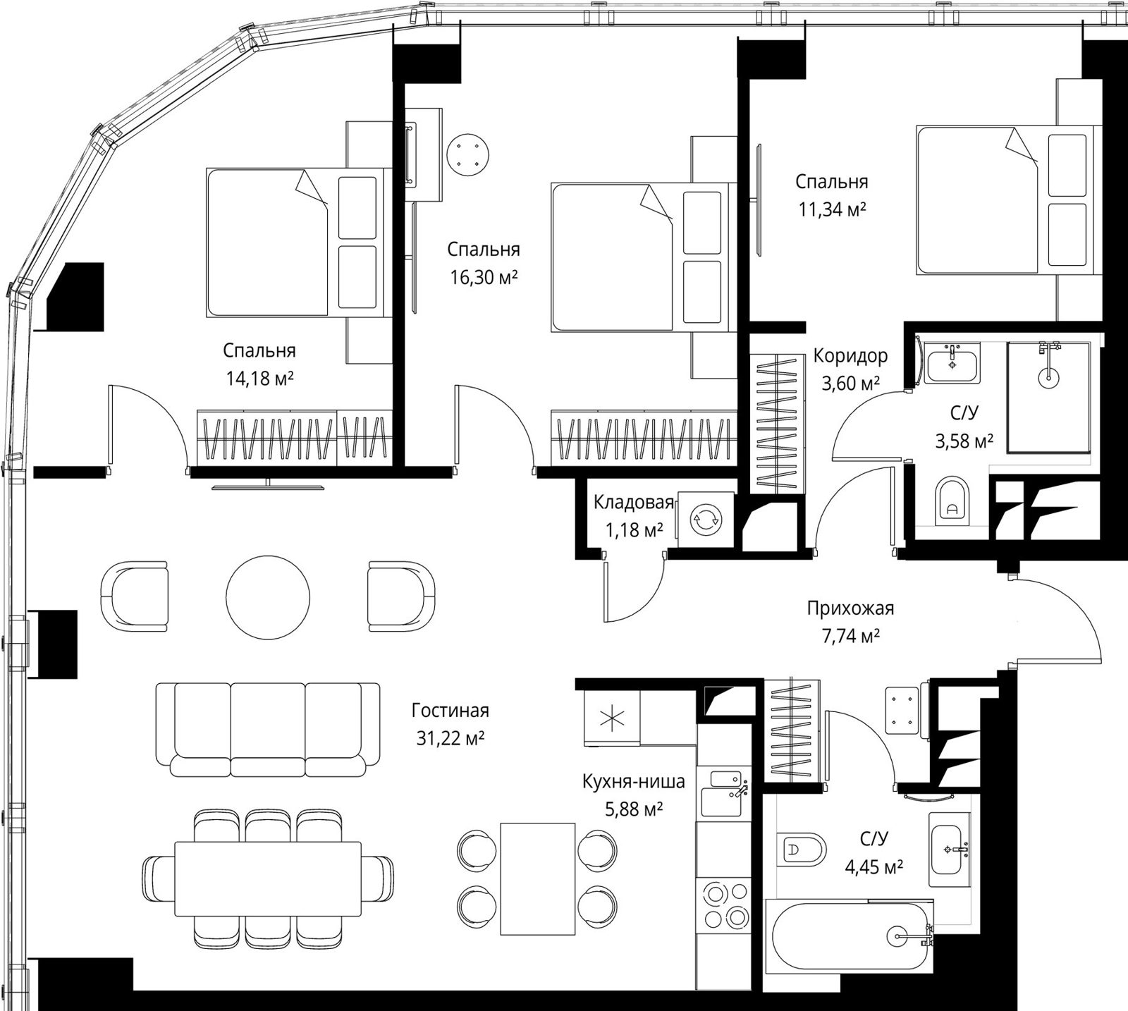 3-комнатная квартира, 99,6 м²