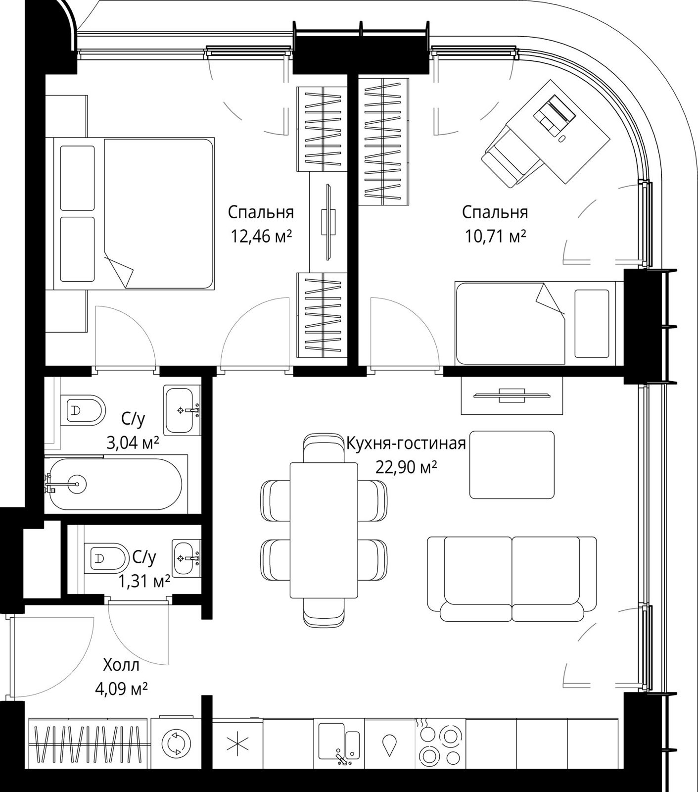2-комнатная квартира, 54,5 м²