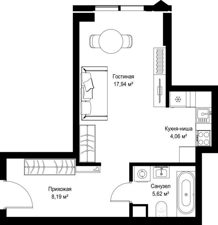 Квартира-студия, 35,8 м²
