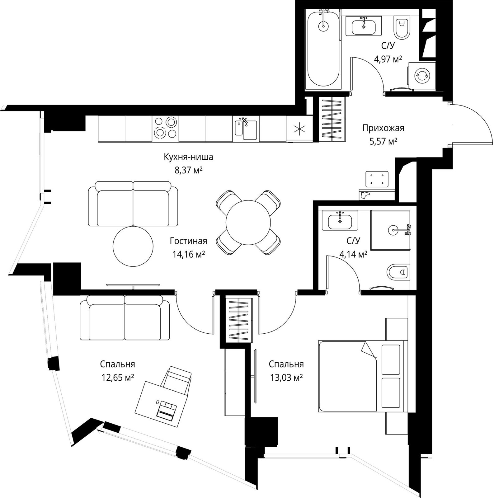2-комнатная квартира, 63 м²
