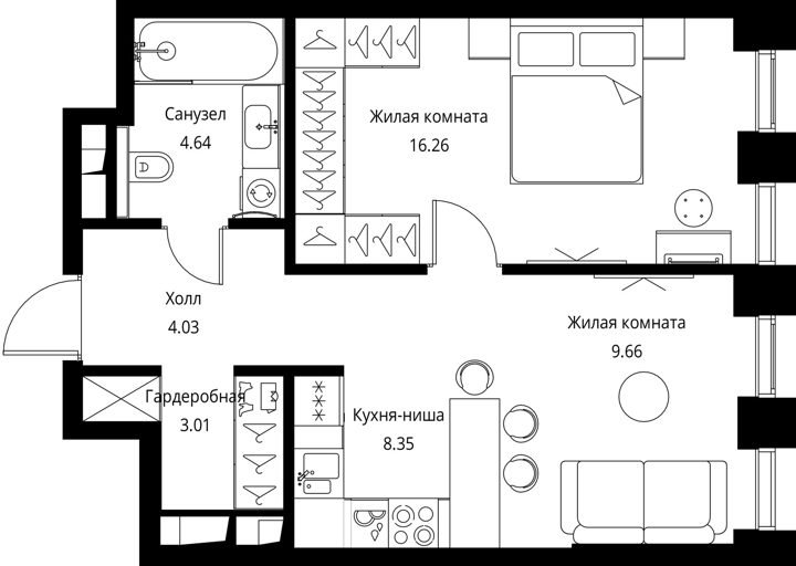 1-комнатная квартира, 46 м² — фото 1