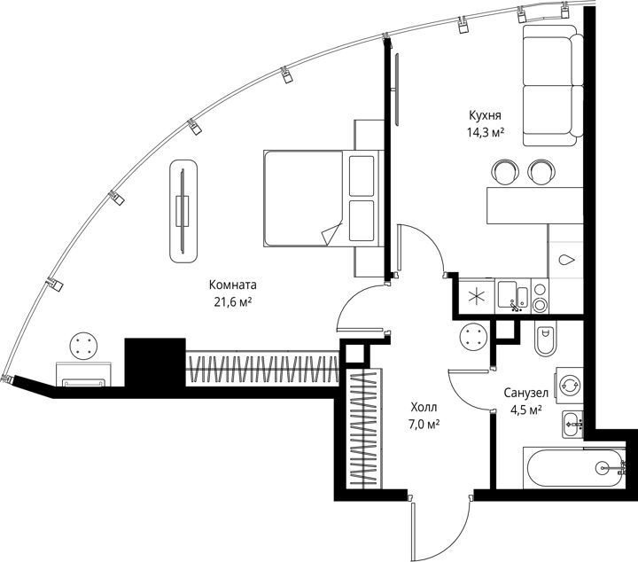1-комнатная квартира, 47,4 м²