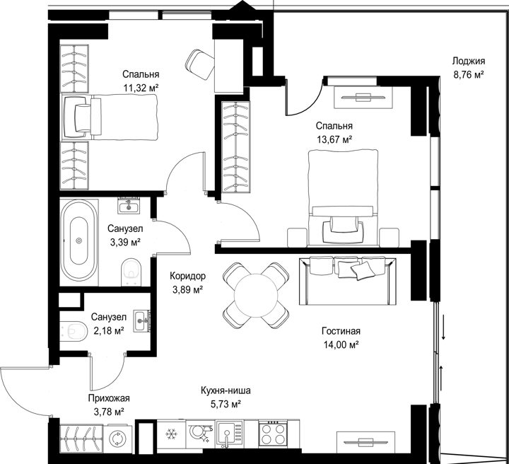 2-комнатная квартира, 66,7 м²