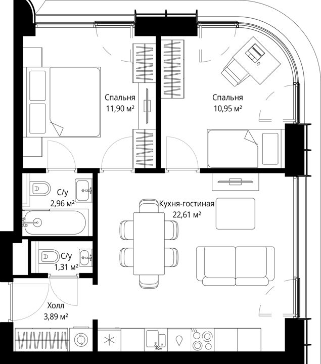 2-комнатная квартира, 53,6 м² — фото 1