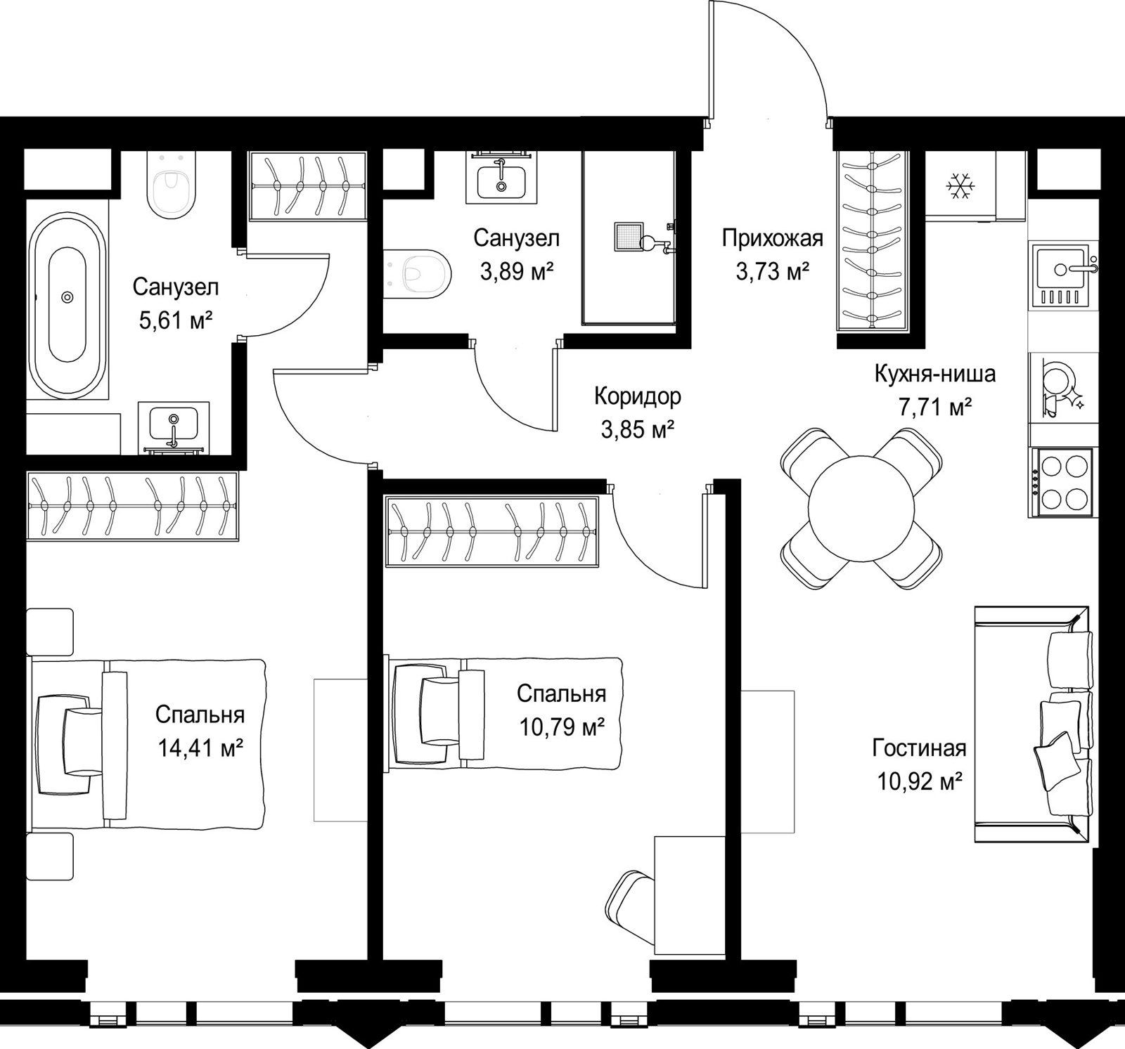 2-комнатная квартира, 60,9 м²