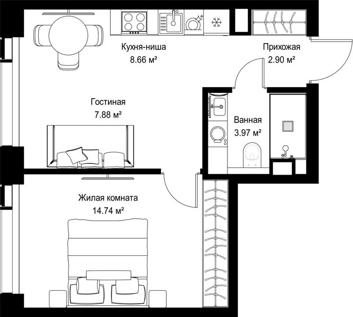 1-комнатная квартира, 38,1 м²