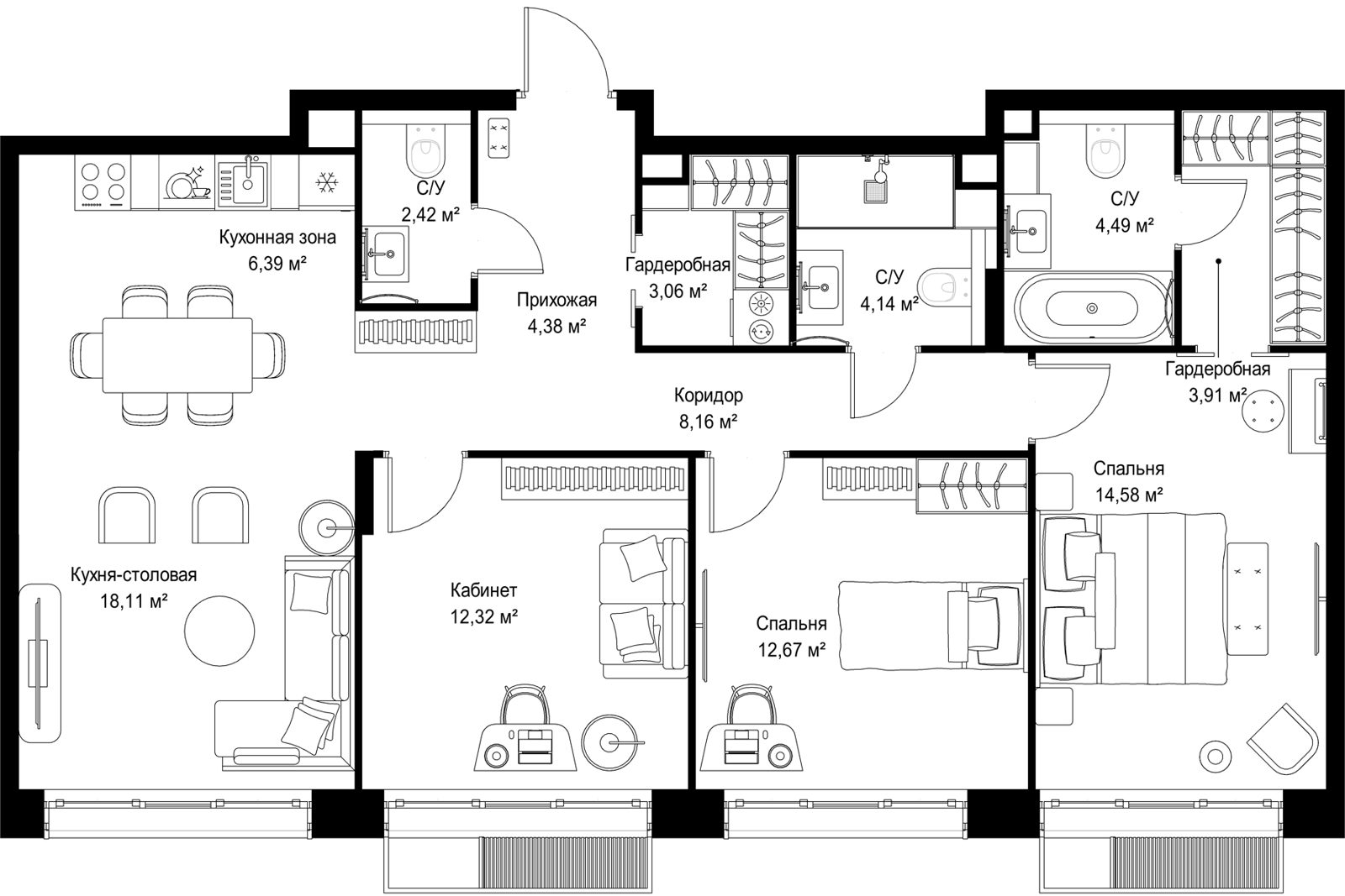3-комнатная квартира, 94,6 м²