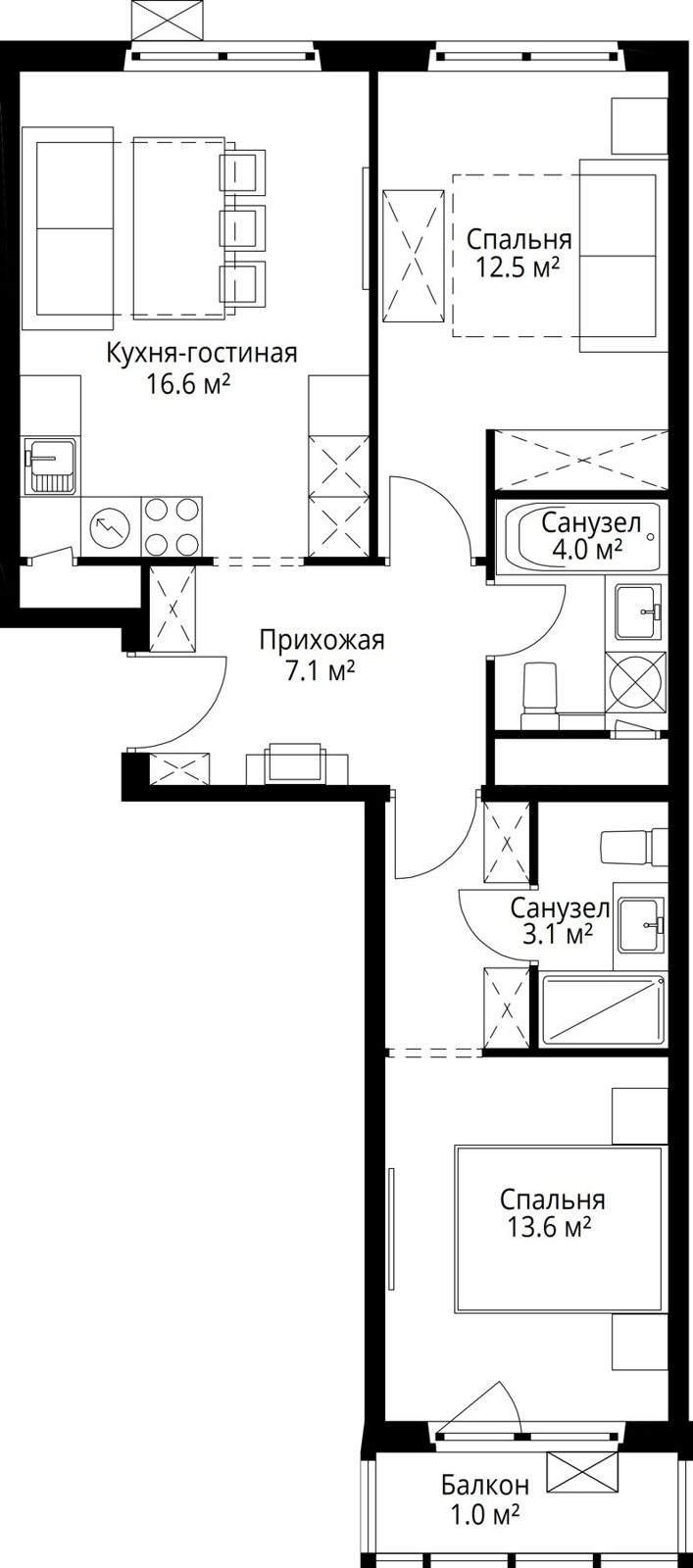 2-комнатная квартира, 57,9 м²