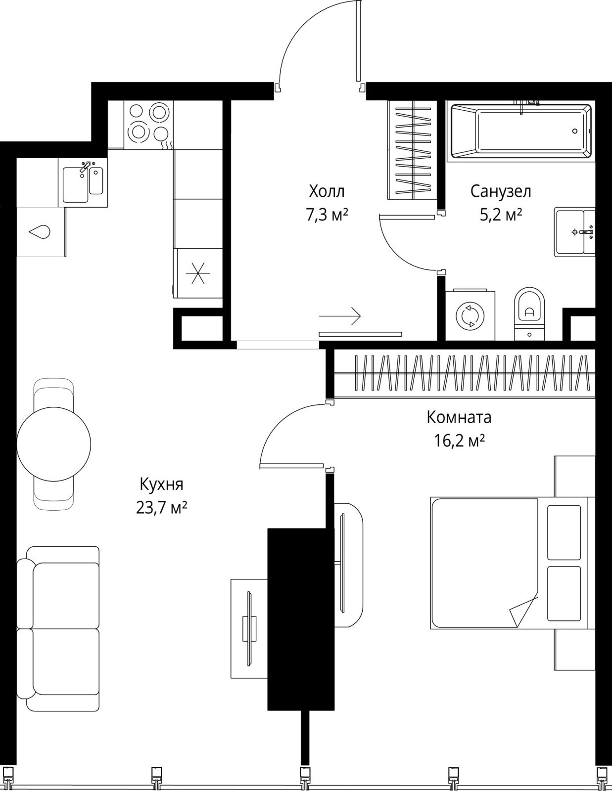1-комнатная квартира, 52,4 м²