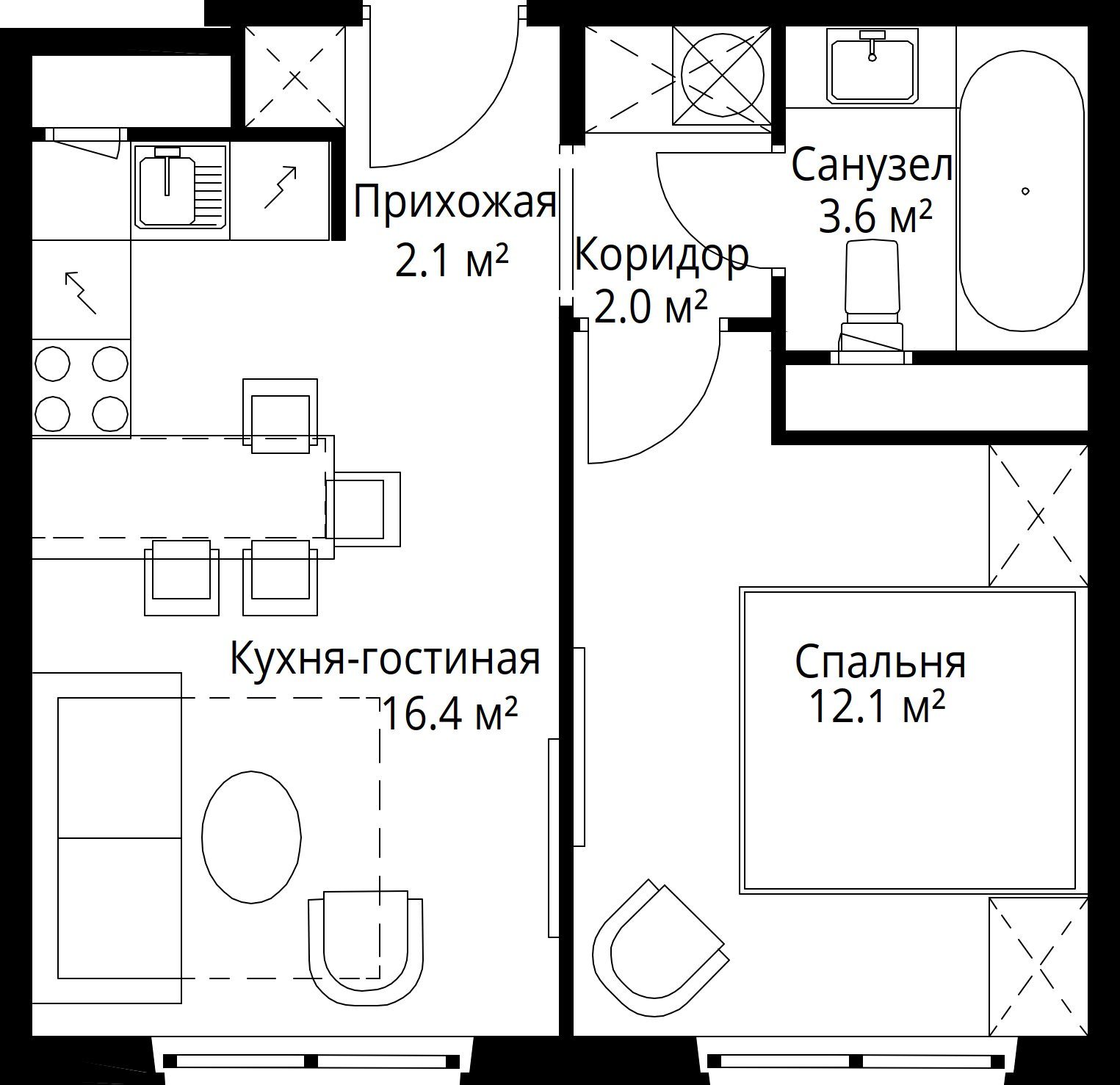 1-комнатная квартира, 36,2 м²