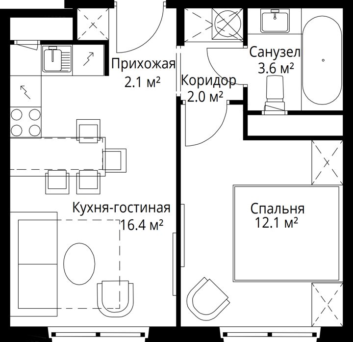 1-комнатная квартира, 36,2 м² — фото 1