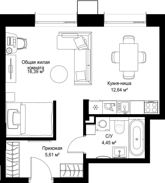 1-комнатная квартира, 39,1 м² — фото 1