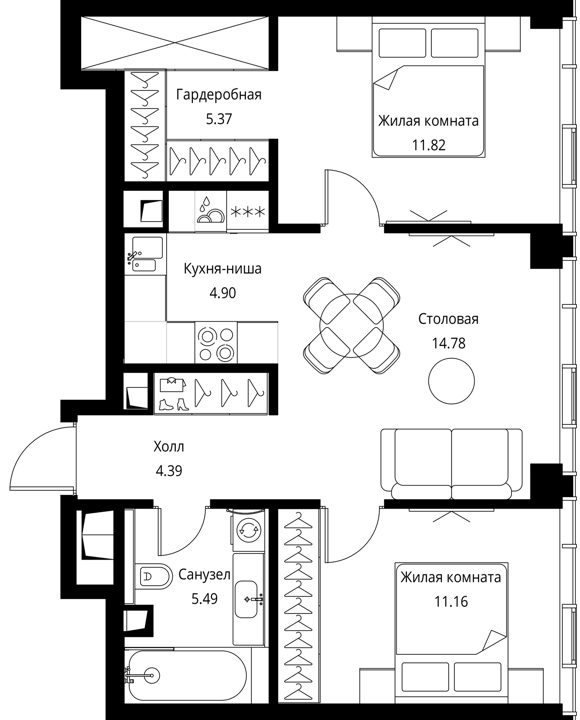 2-комнатная квартира, 57,9 м² — фото 1