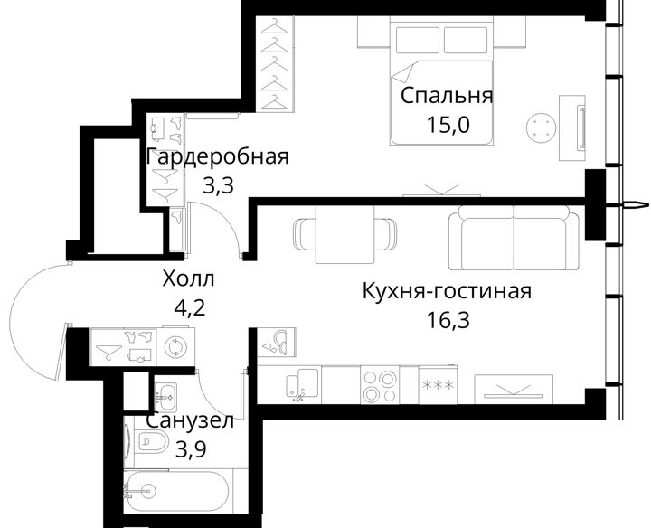 1-комнатная квартира, 42,7 м² — фото 1