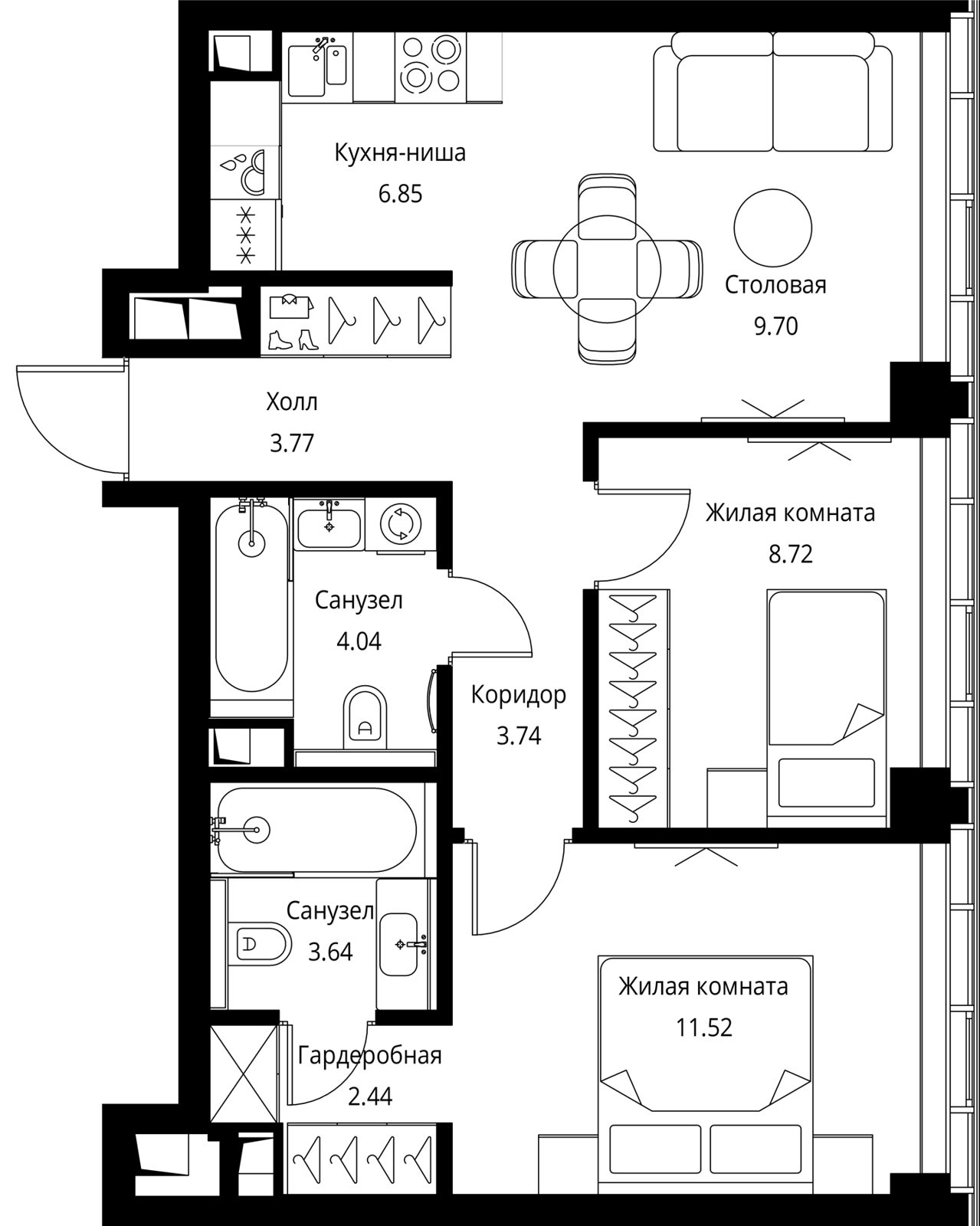 2-комнатная квартира, 54,4 м²