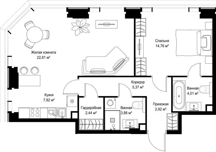 2-комнатная квартира, 64 м² — фото 1