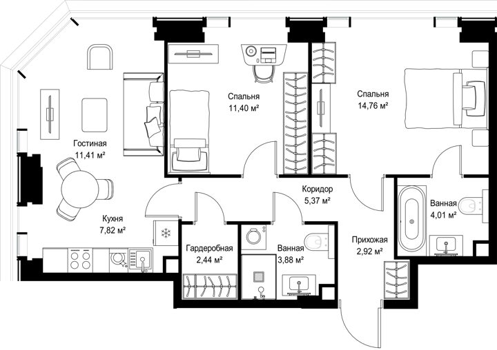 2-комнатная квартира, 64 м² — фото 2