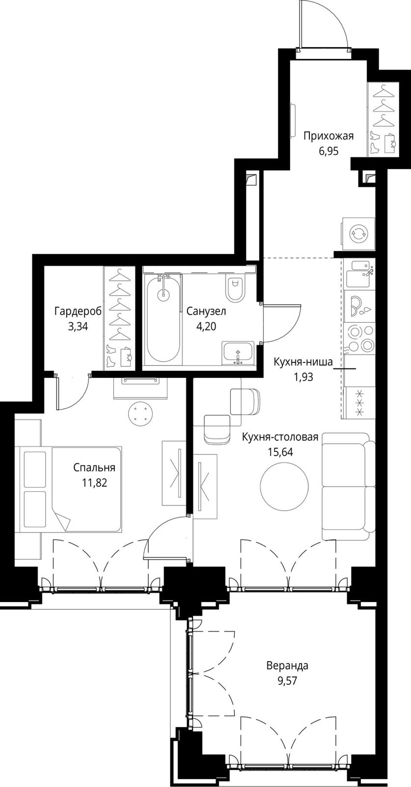 1-комнатная квартира, 53,5 м²