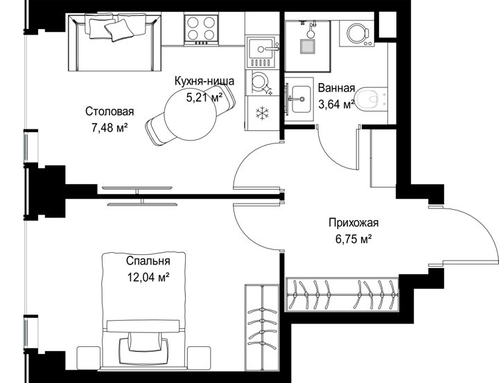 1-комнатная квартира, 35,1 м² — фото 2