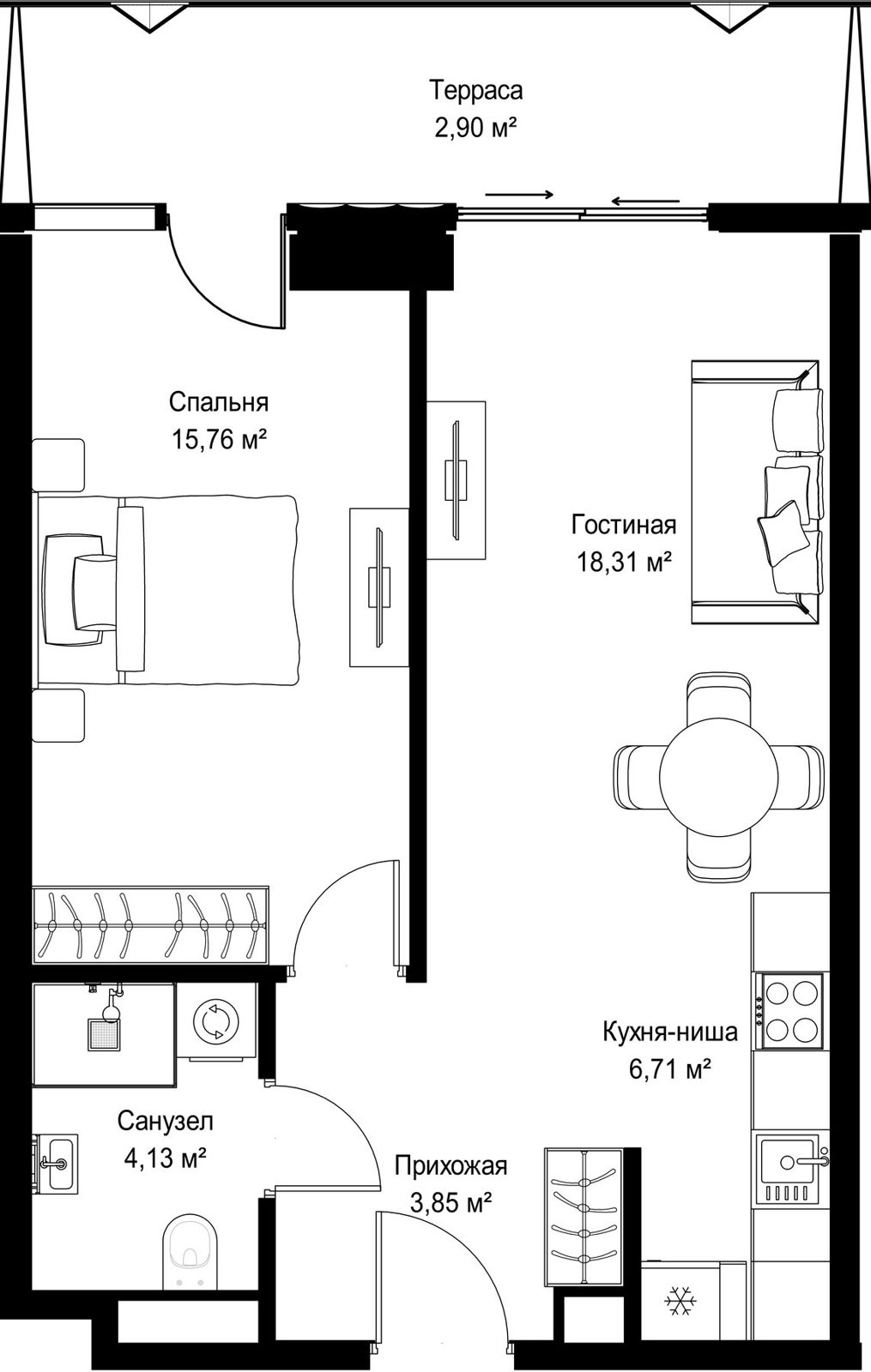 1-комнатная квартира, 51,7 м²