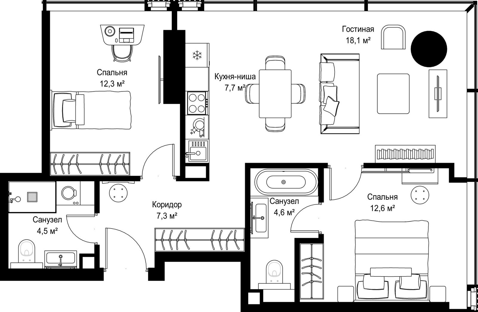 2-комнатная квартира, 67,1 м²