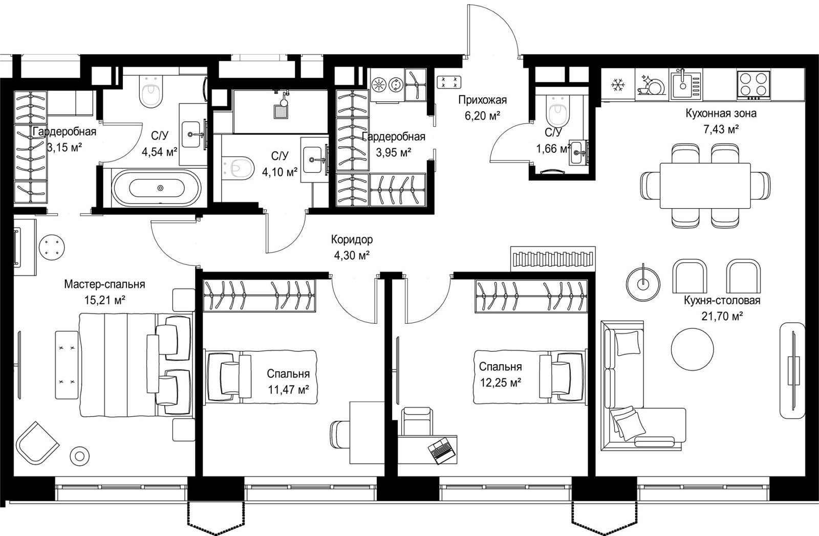 3-комнатная квартира, 96 м²