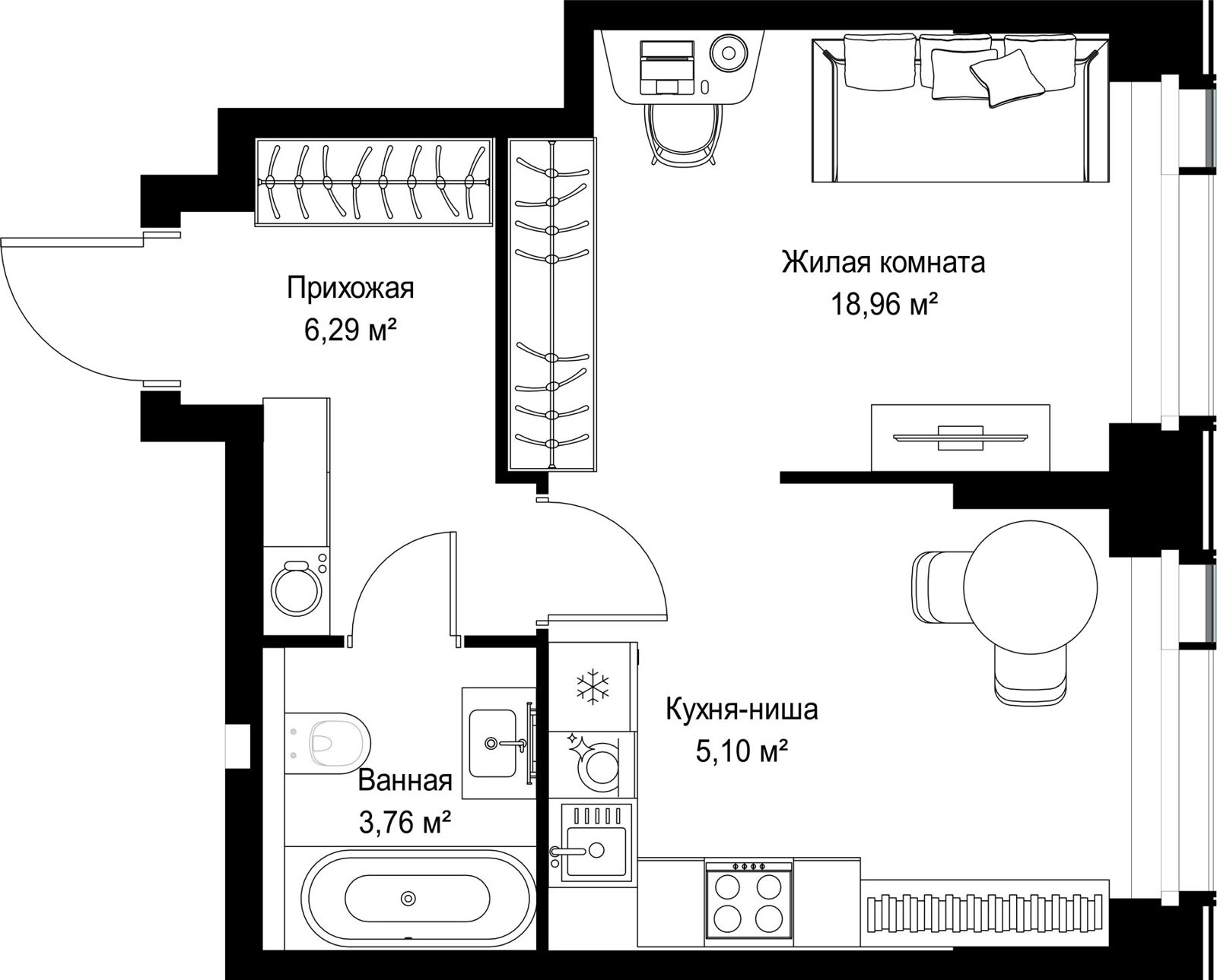 1-комнатная квартира, 34,1 м²