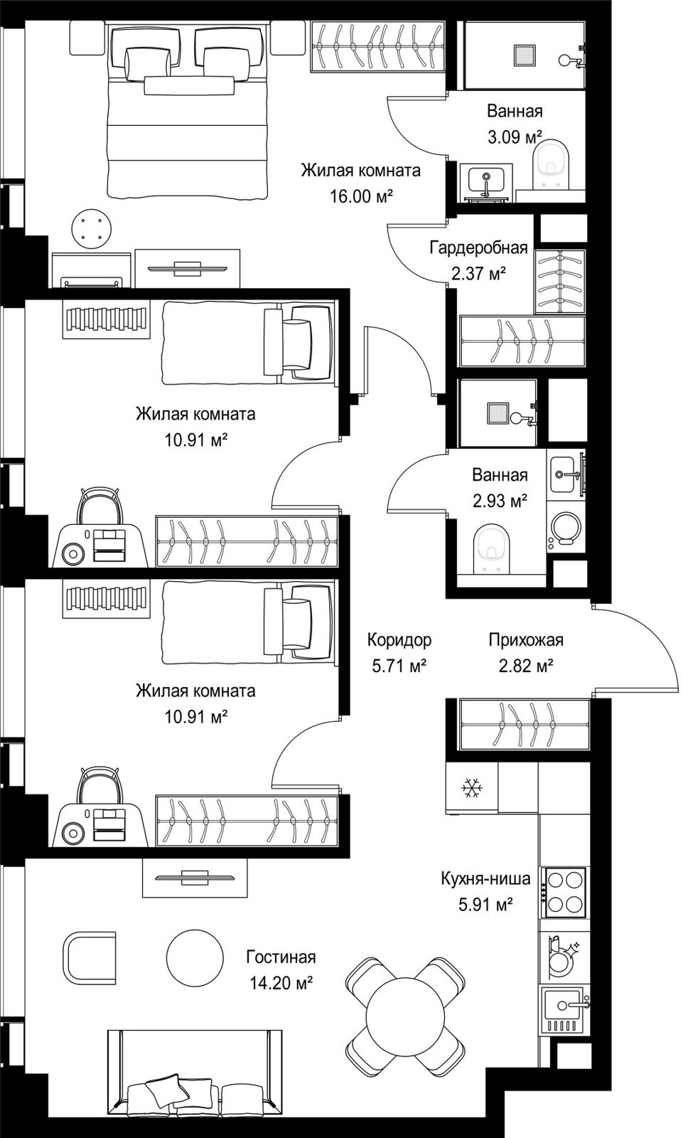 3-комнатная квартира, 74,8 м²