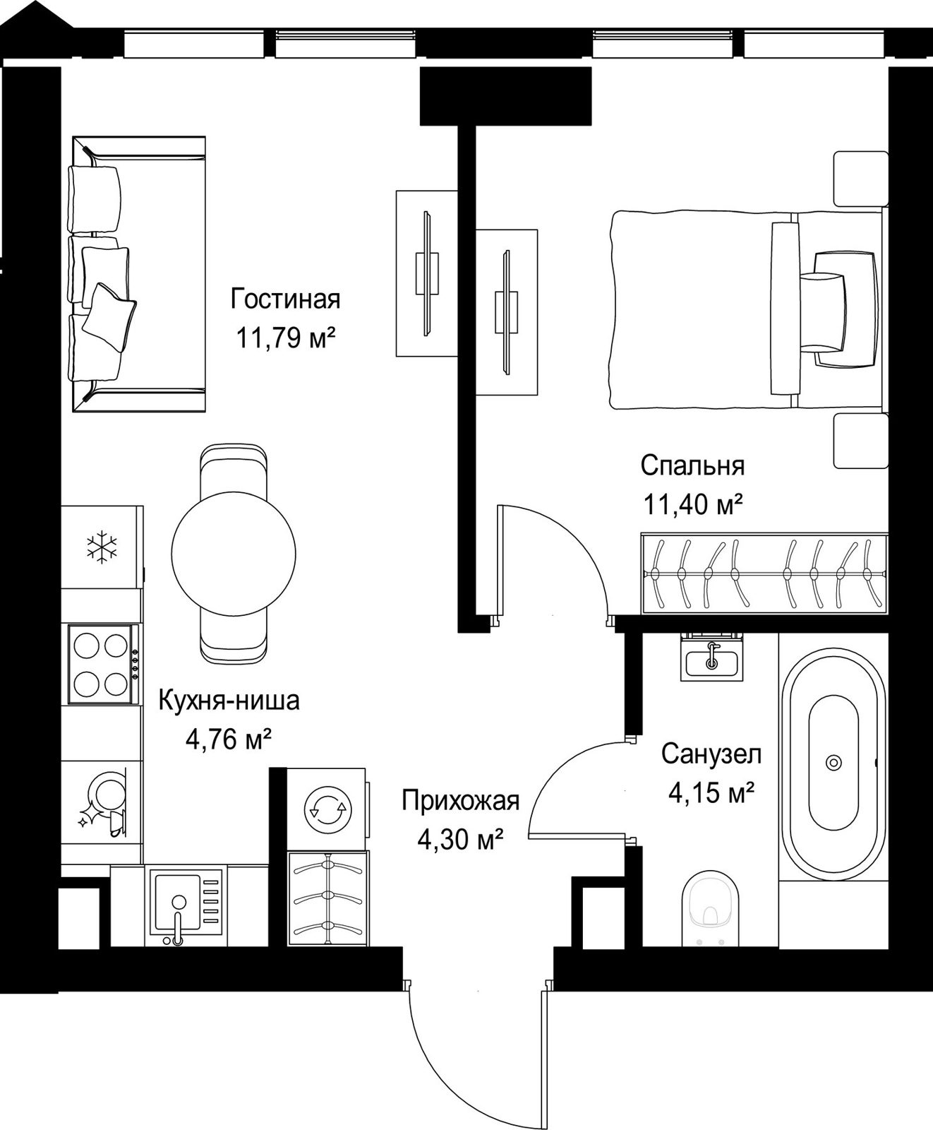 1-комнатная квартира, 36,4 м²
