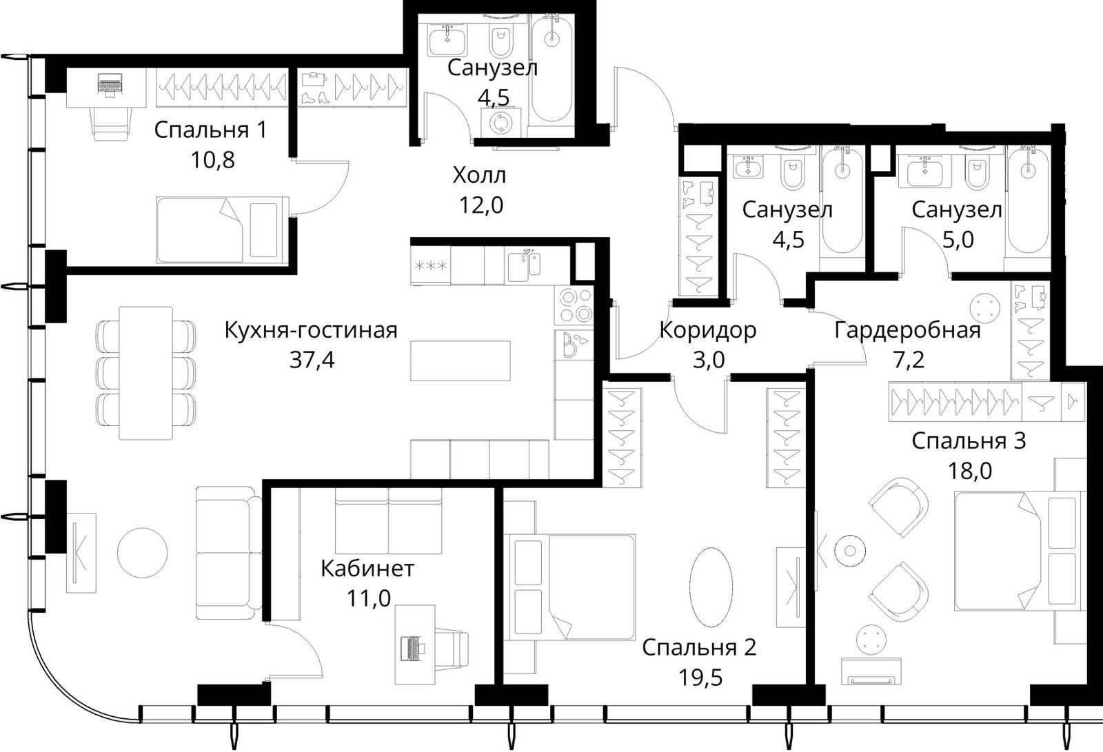3-комнатная квартира, 132,9 м²